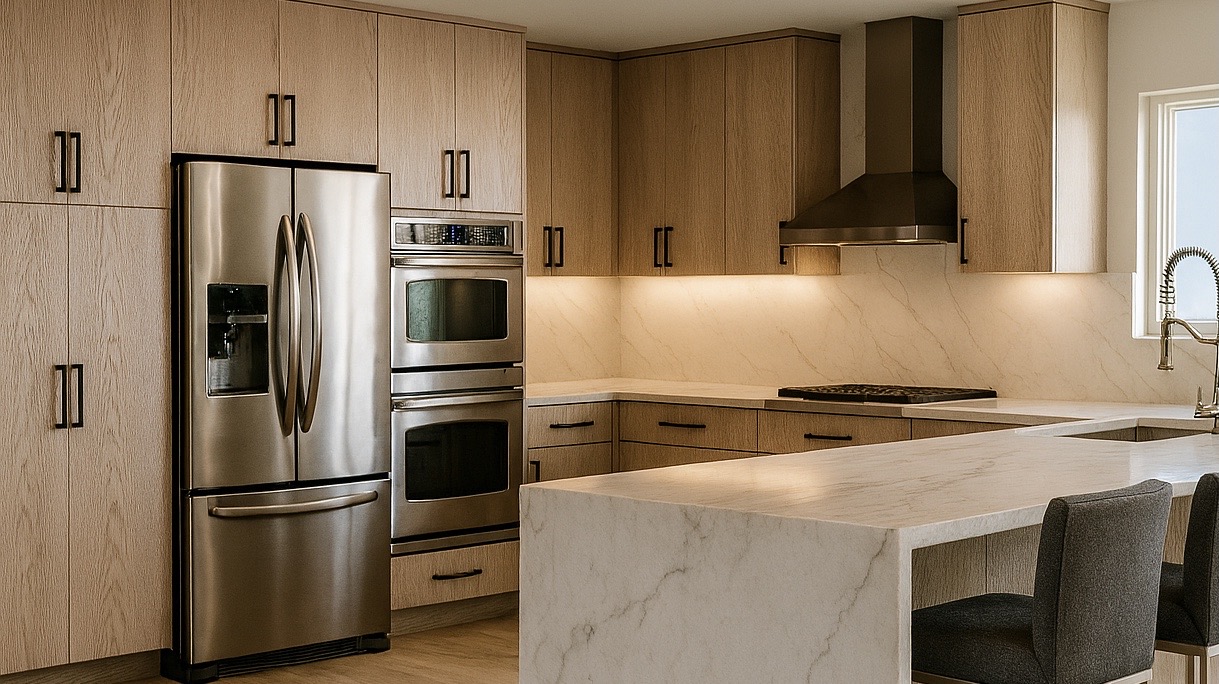 Natural oak wood kitchen with marble countertops