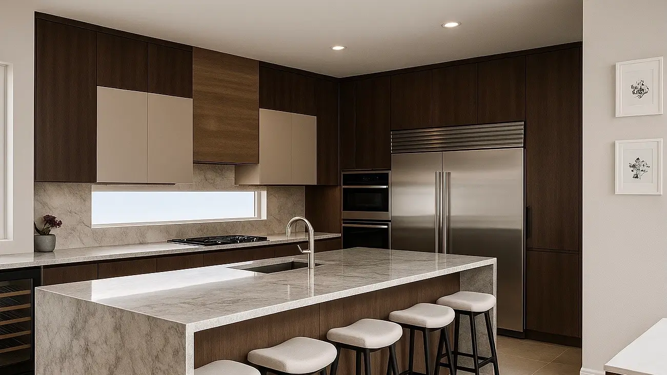 Two-tone kitchen with dark wood and beige cabinets