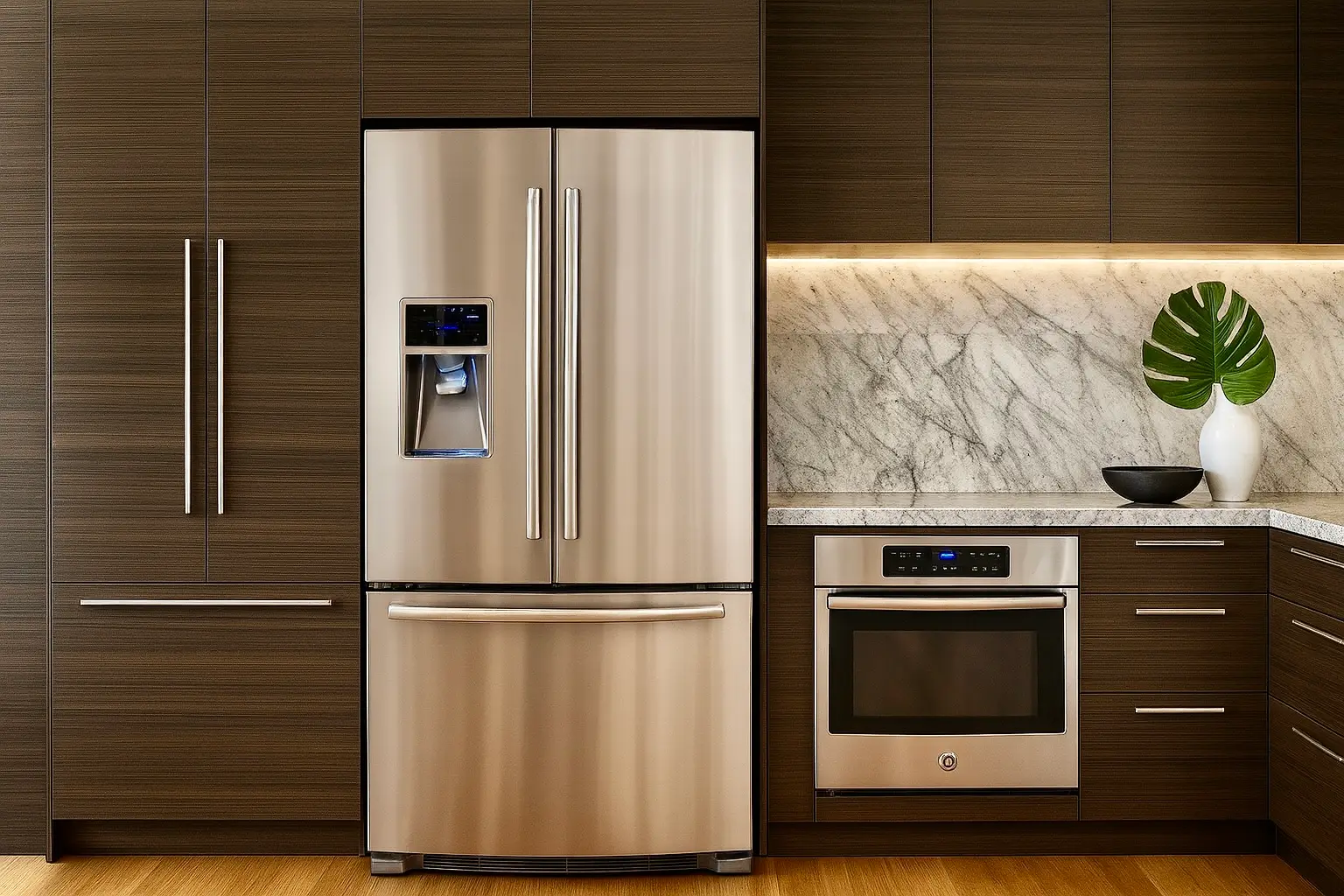 Refined dark walnut kitchen with vertical grain