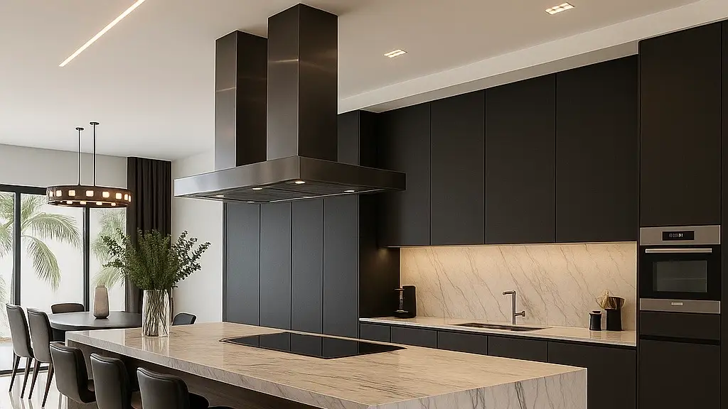 Luxurious black kitchen with large island hood