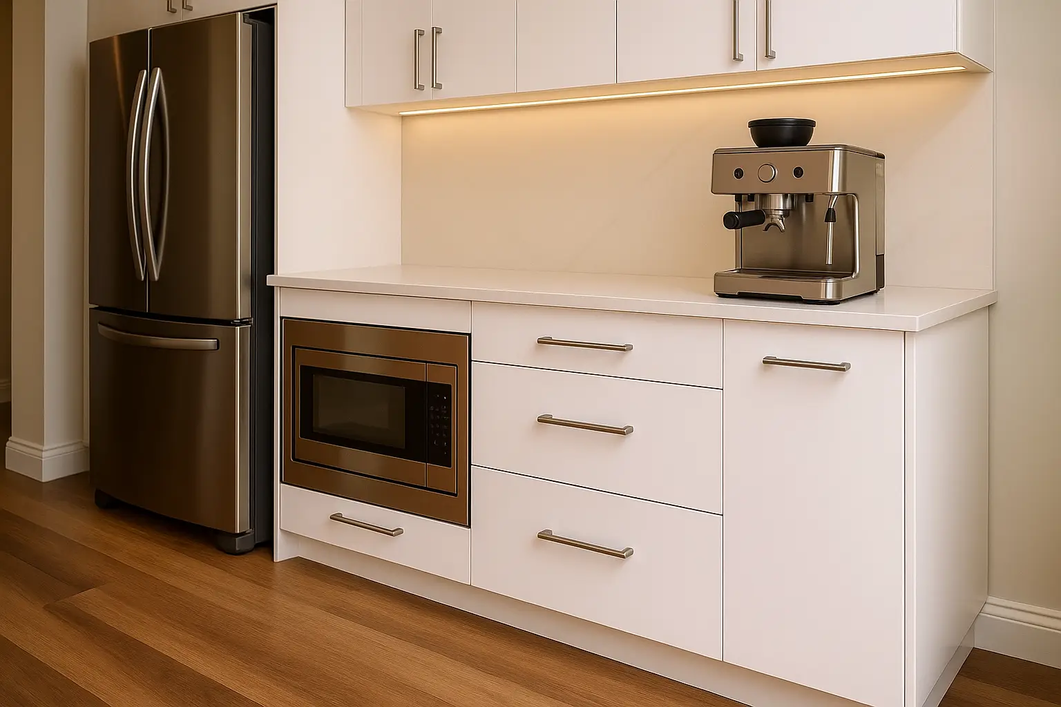 Clean white kitchen with coffee station