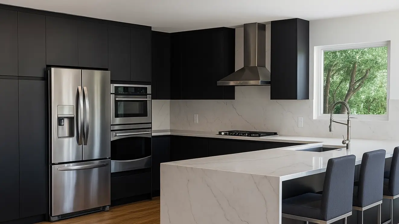 Modern black kitchen with marble waterfall island