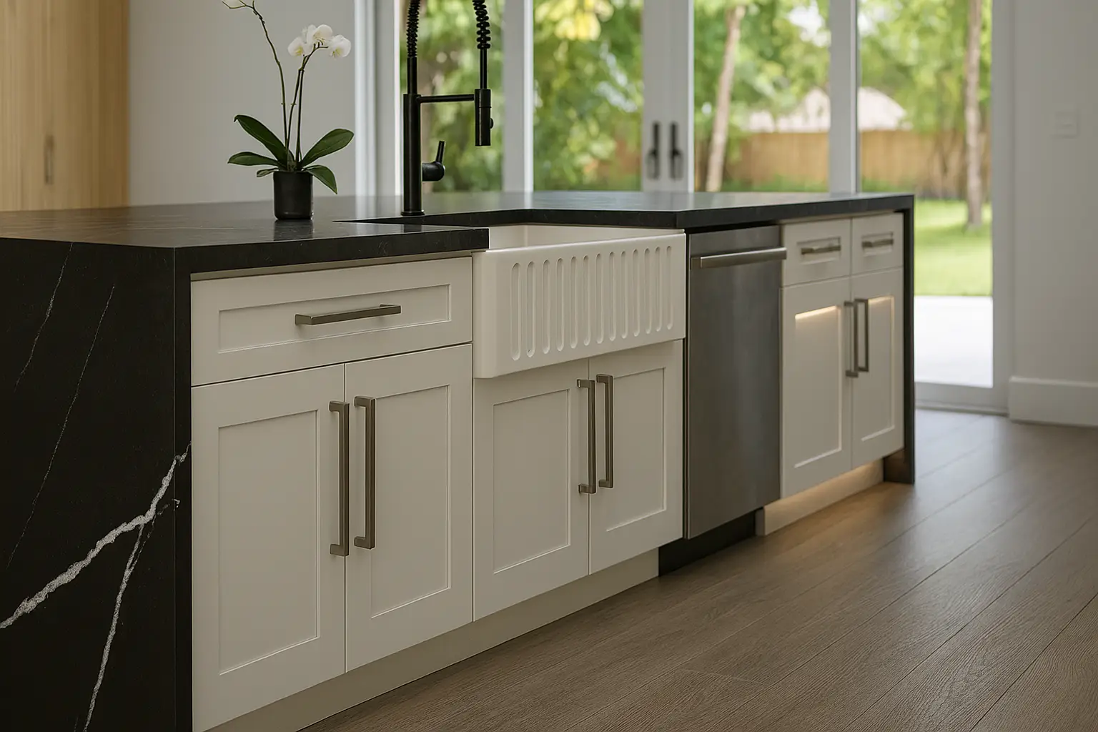 Modern farmhouse kitchen with white shaker cabinets and black waterfall island