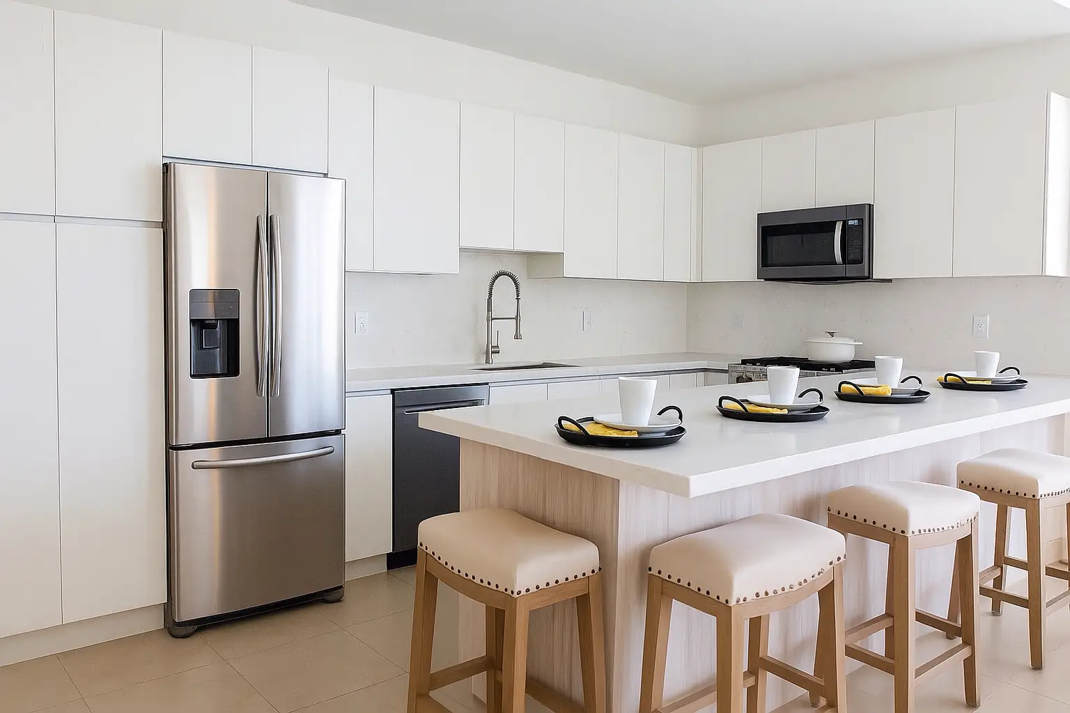 Bright all-white kitchen with island