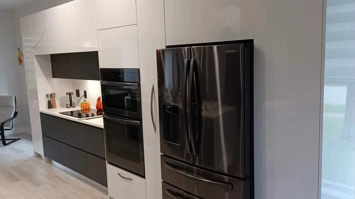 High-gloss white and dark grey modern kitchen